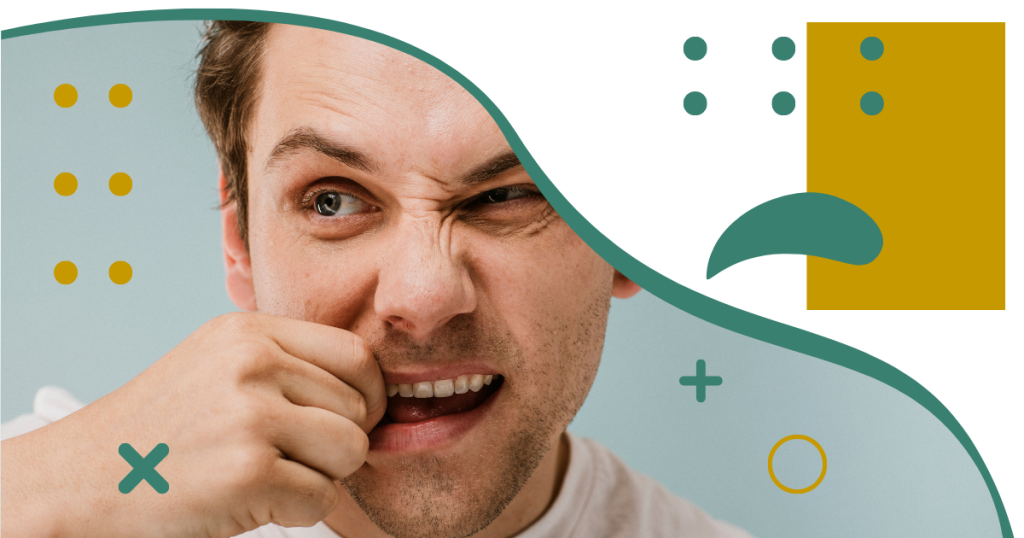 Hombre preocupado tocándose la mejilla para ilustrar el dolor dental, con un diseño gráfico informativo sobre las causas y soluciones para los dientes flojos.